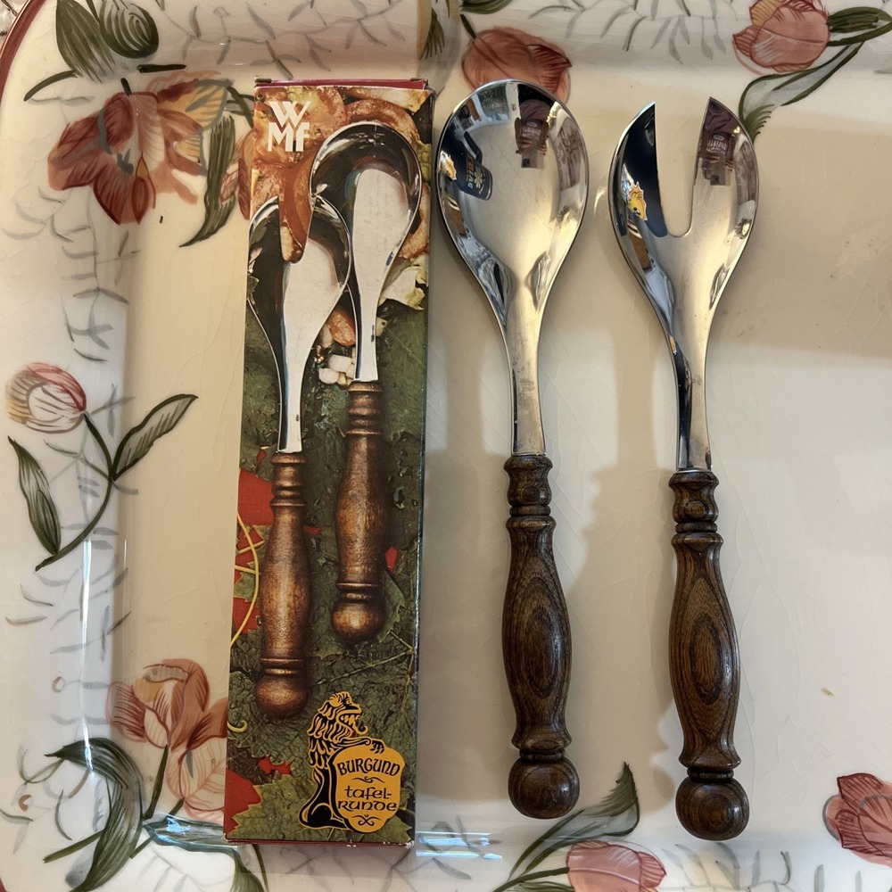 WMF Cromargan Germany, 2Pc Serving Set Fork/Spoon Stainless/Wood Williams-Sonoma